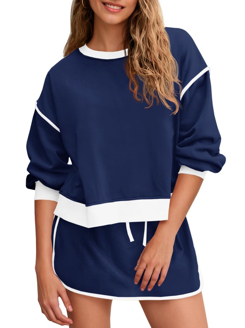 Fisoew Womens Sweatsuits 2 Piece Set Crewneck Sweatshirts High Waisted Skort Skirts Tennis Running Tracksuits Shorts Sets - Image 1