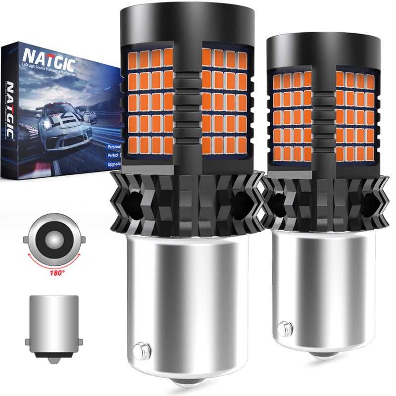 لمبة LED صفراء NATGIC أمبر 1156 P21W خالية من أخطاء Canbus ضوء إشارة الانعطاف BA15S مع مقاوم مدمج لا وميض مفرط ولا أخطاء لمؤشر الضوء ضوء علامة جانبية 2000 لومن 21 واط عبوة من 2