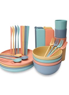 XiuWoo 32 Pcs Wheat-Straw Dinnerware Set Multicolor Dinner Plates Cereal Bowls, Cups, Unbreakable Camping Dishes Service For 4 people Multicolor 22.5 cm  - Image 2