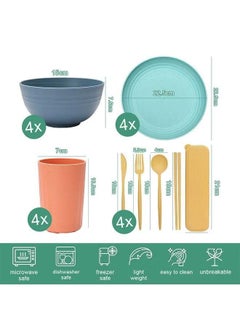 XiuWoo 32 Pcs Wheat-Straw Dinnerware Set Multicolor Dinner Plates Cereal Bowls, Cups, Unbreakable Camping Dishes Service For 4 people Multicolor 22.5 cm  - Image 4