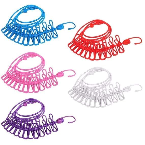 RIGJAK Cloth Drying Rope with HooksMulti Functional Portable Drying Rope with 12 Clips and 2 Hooks Travel Clothesline Rope Clothes Hanging Hook Outdoor Indoor WindProof Clothesline Multicolour - Image 2