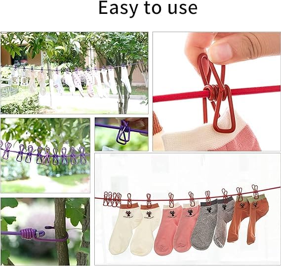 RIGJAK Cloth Drying Rope with HooksMulti Functional Portable Drying Rope with 12 Clips and 2 Hooks Travel Clothesline Rope Clothes Hanging Hook Outdoor Indoor WindProof Clothesline Multicolour - Image 5