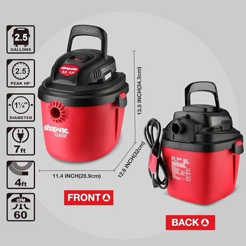 SHOPVAC Shop-Vac 2.5 Gallon 2.5 Peak HP Wet/Dry Vacuum, Portable Compact Shop Vacuum with Collapsible Handle Wall Bracket & Multifunctional Attachments for Home, Jobsite. 2036000 - Image 5
