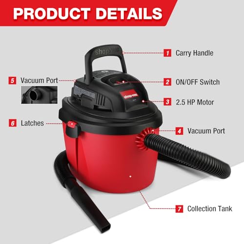 SHOPVAC Shop-Vac 2.5 Gallon 2.5 Peak HP Wet/Dry Vacuum, Portable Compact Shop Vacuum with Collapsible Handle Wall Bracket & Multifunctional Attachments for Home, Jobsite. 2036000 - Image 4