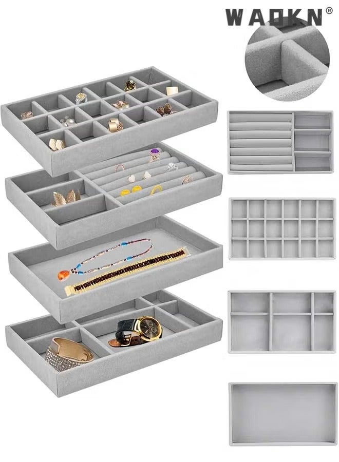 دبليو أيه أو كي أن مجموعة من 4 مخملية قابلة للتكوين المجوهرات منظم الصواني للدراج، قلادة قرطة صندوق تخزين حامل العرض مع المقسمين القابلين للإزالة، المجوهرات عرض علبة حلقة قرطة قلادة، المجوهرات قابلة للتكوين منظم الصواني للدراج عرض حالة تخزين حاوية قرطة قلادة حلقات سوار مع المقسمين القابلين للإزالة (رمادي) - Image 1