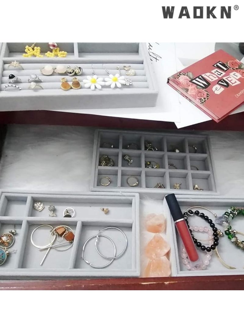 دبليو أيه أو كي أن مجموعة من 4 مخملية قابلة للتكوين المجوهرات منظم الصواني للدراج، قلادة قرطة صندوق تخزين حامل العرض مع المقسمين القابلين للإزالة، المجوهرات عرض علبة حلقة قرطة قلادة، المجوهرات قابلة للتكوين منظم الصواني للدراج عرض حالة تخزين حاوية قرطة قلادة حلقات سوار مع المقسمين القابلين للإزالة (رمادي) - Image 4