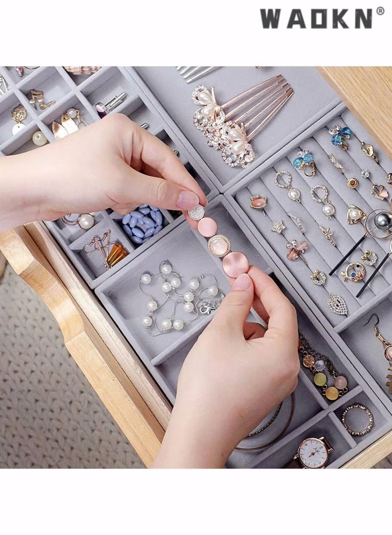 دبليو أيه أو كي أن مجموعة من 4 مخملية قابلة للتكوين المجوهرات منظم الصواني للدراج، قلادة قرطة صندوق تخزين حامل العرض مع المقسمين القابلين للإزالة، المجوهرات عرض علبة حلقة قرطة قلادة، المجوهرات قابلة للتكوين منظم الصواني للدراج عرض حالة تخزين حاوية قرطة قلادة حلقات سوار مع المقسمين القابلين للإزالة (رمادي) - Image 3