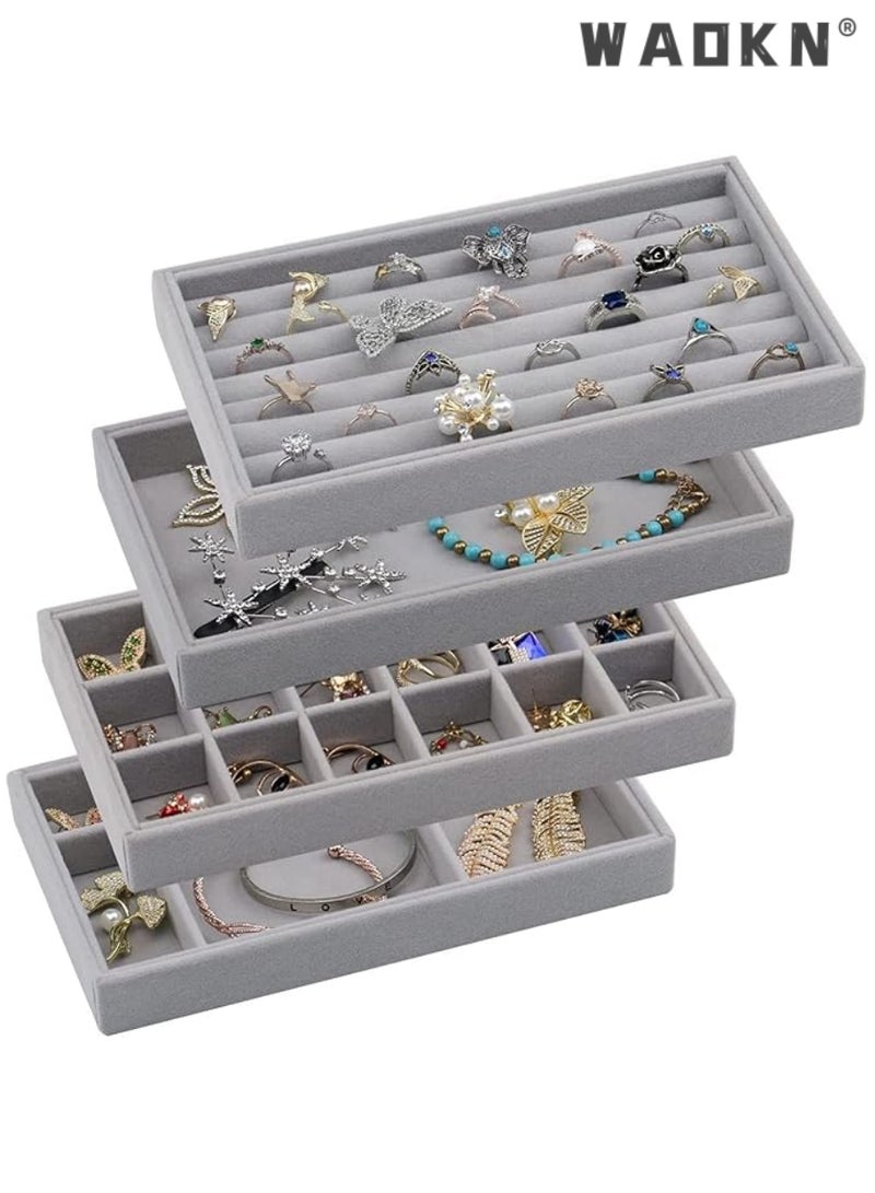 دبليو أيه أو كي أن مجموعة من 4 مخملية قابلة للتكوين المجوهرات منظم الصواني للدراج، قلادة قرطة صندوق تخزين حامل العرض مع المقسمين القابلين للإزالة، المجوهرات عرض علبة حلقة قرطة قلادة، المجوهرات قابلة للتكوين منظم الصواني للدراج عرض حالة تخزين حاوية قرطة قلادة حلقات سوار مع المقسمين القابلين للإزالة (رمادي) - Image 2