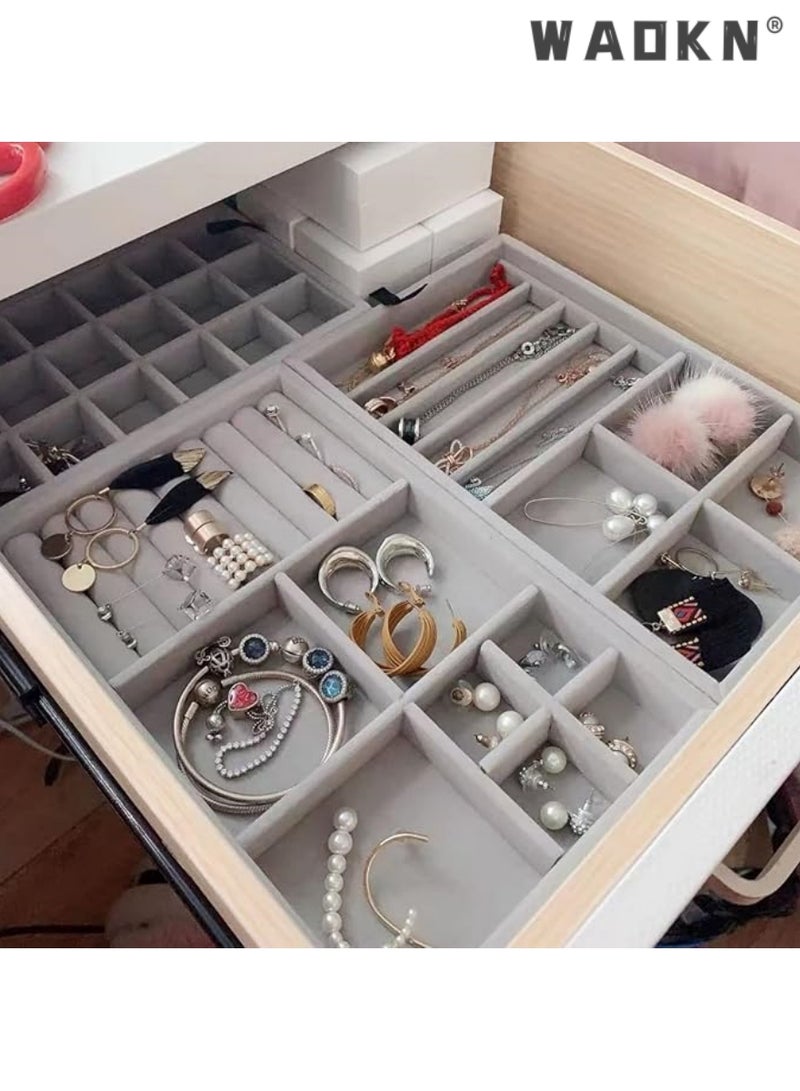 دبليو أيه أو كي أن مجموعة من 4 مخملية قابلة للتكوين المجوهرات منظم الصواني للدراج، قلادة قرطة صندوق تخزين حامل العرض مع المقسمين القابلين للإزالة، المجوهرات عرض علبة حلقة قرطة قلادة، المجوهرات قابلة للتكوين منظم الصواني للدراج عرض حالة تخزين حاوية قرطة قلادة حلقات سوار مع المقسمين القابلين للإزالة (رمادي) - Image 5