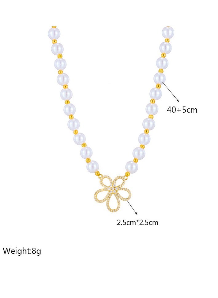 Generic - Fashionable and simple temperament retro high-end pearl retro diamond small flower pearl braided necklace - Image 1