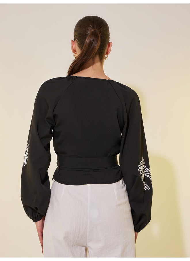 Take Two Take Two Printed Balloon Sleeve Tie-Up Wrap Top  - Image 4