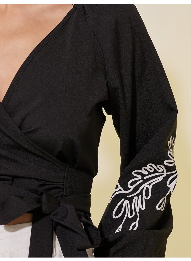 Take Two Take Two Printed Balloon Sleeve Tie-Up Wrap Top  - Image 3