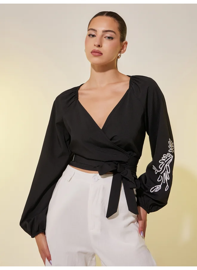 تايك تو Take Two Printed Balloon Sleeve Tie-Up Wrap Top