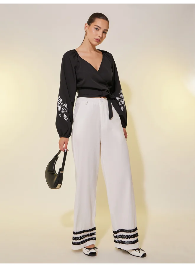 تايك تو Take Two Printed Balloon Sleeve Tie-Up Wrap Top