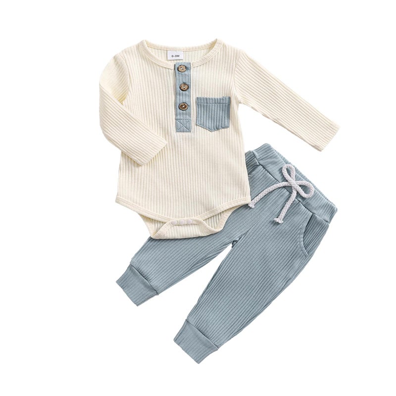 fhutpw Baby Boy Clothes 3 6 12 18 Months Ribbed Knitted Long Sleeve Romper and Pants Sets Newborn Fall Splicing Color Outfits (White&Blue, 0-3 Months) - Image 1