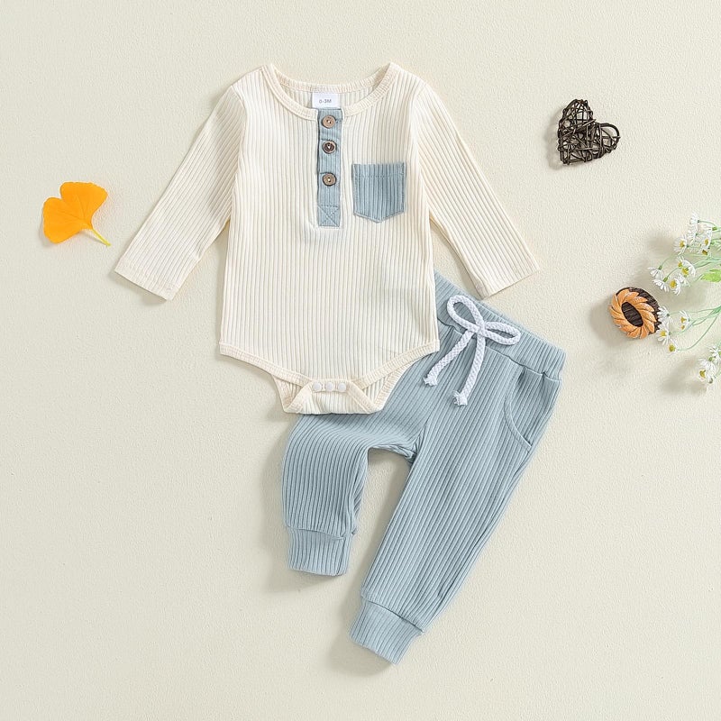 fhutpw Baby Boy Clothes 3 6 12 18 Months Ribbed Knitted Long Sleeve Romper and Pants Sets Newborn Fall Splicing Color Outfits (White&Blue, 0-3 Months) - Image 2