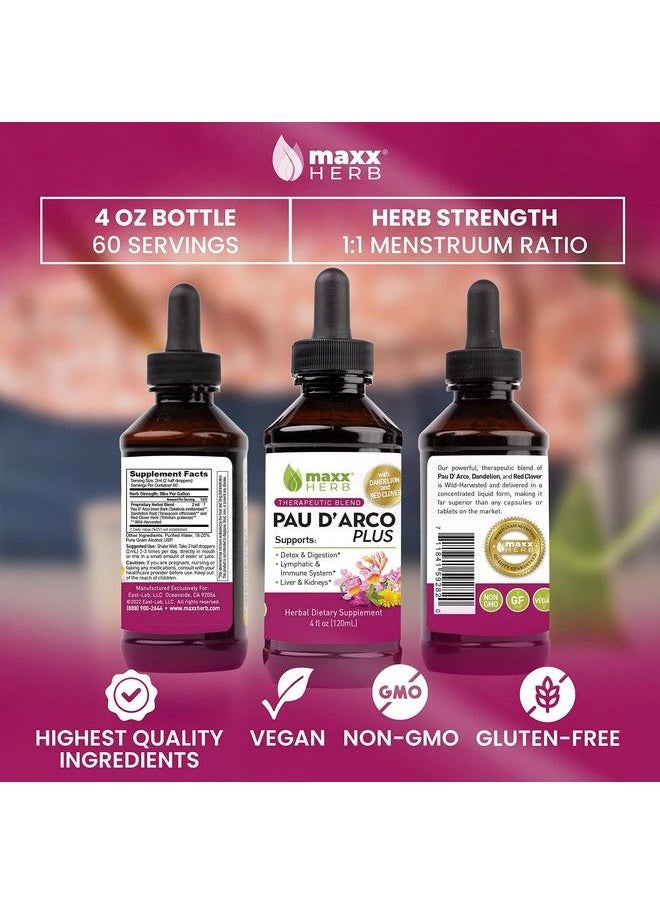 Pau D’Arco Extract With Dandelion Root & Red Clover Therapeutic Blend Pau Darco Tincture Absorbs Better Than Tea Or Capsules For Immune Support 4 Oz Bottle (60 Servings)
