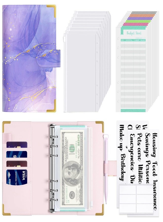 Rnivvi Budget Binder with Zipper Envelopes, A6 Money Saving Binder Cash Envelopes for Budgeting, PU Leather Planner Money Organizer for Cash Bills, Cute Marble System Wallet for Women Men, Purple - Image 1