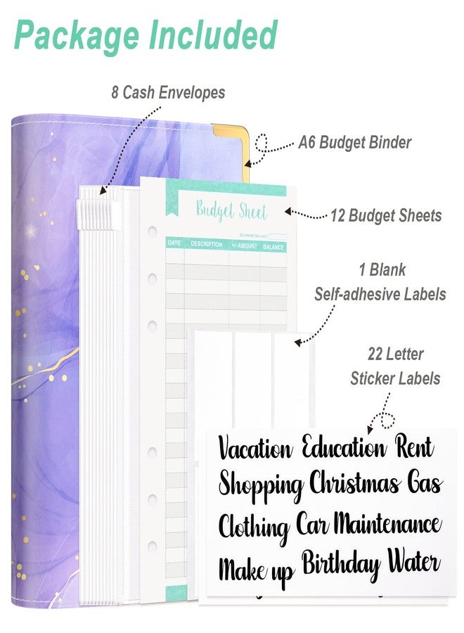 Rnivvi Budget Binder with Zipper Envelopes, A6 Money Saving Binder Cash Envelopes for Budgeting, PU Leather Planner Money Organizer for Cash Bills, Cute Marble System Wallet for Women Men, Purple - Image 3