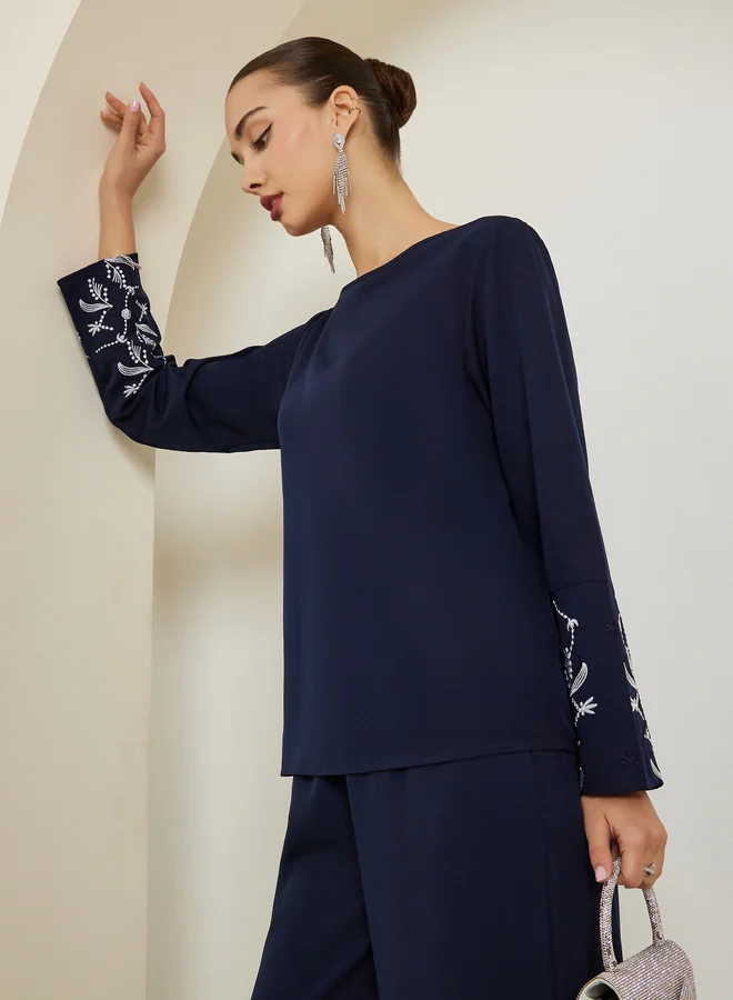 Styli Dark Blue Embroidered Top and Trousers Co-Ords