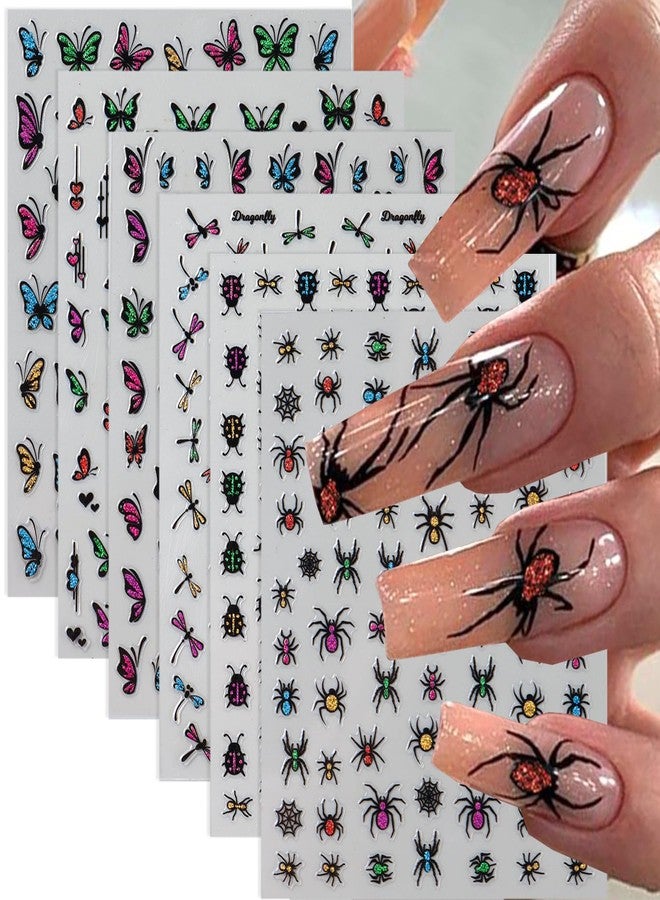BYJKYEN Insect Nail Stickers for Nail Art 6 Sheets Nail Art Stickers with Colorful Butterflies Spiders Dragonflies Ladybug Design 3D Self Adhesive Nail Decals for Women Spring Summer DIY Manicure - Image 1