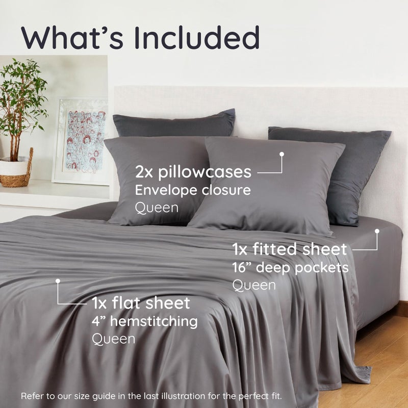 Bambaw 100% Viscose Derived from Bamboo Queen Sheet Set â€“ 4pcs Soft Bedding Set, Deep Pocket Queen Cooling Sheets Fits Up to 16'' with Elastic Corner Straps (Dark Gray) - Image 2