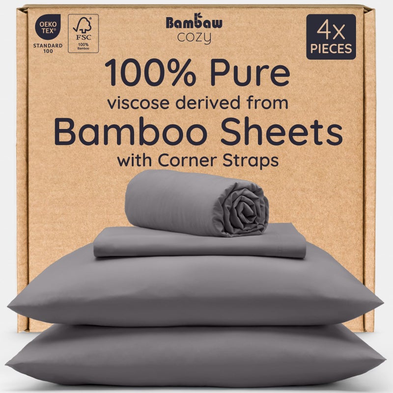 Bambaw 100% Viscose Derived from Bamboo Queen Sheet Set â€“ 4pcs Soft Bedding Set, Deep Pocket Queen Cooling Sheets Fits Up to 16'' with Elastic Corner Straps (Dark Gray) - Image 1