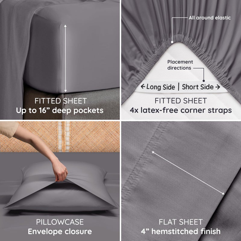 Bambaw 100% Viscose Derived from Bamboo Queen Sheet Set â€“ 4pcs Soft Bedding Set, Deep Pocket Queen Cooling Sheets Fits Up to 16'' with Elastic Corner Straps (Dark Gray) - Image 5