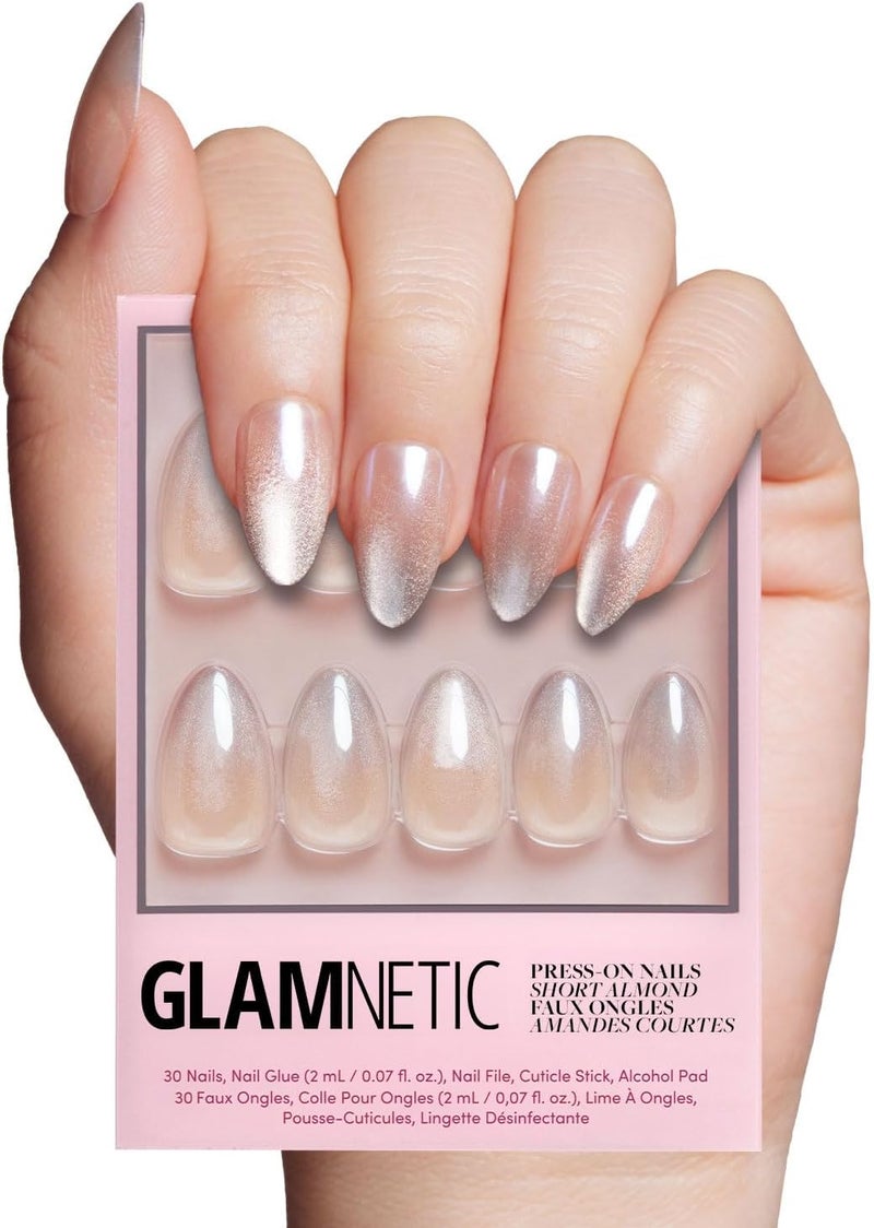 Glamnetic Globally popular elegant design Press On Nails - Polar Night | Short Almond Fake Nails with Ombré Silver Tips and Glossy Velvet Finish, Reusable | 15 Sizes - 30 Nail Kit with Glue Modern look - Image 1