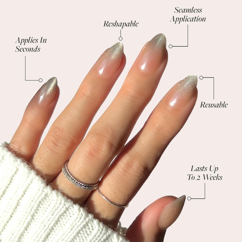 Glamnetic Globally popular elegant design Press On Nails - Polar Night | Short Almond Fake Nails with Ombré Silver Tips and Glossy Velvet Finish, Reusable | 15 Sizes - 30 Nail Kit with Glue Modern look - Image 3