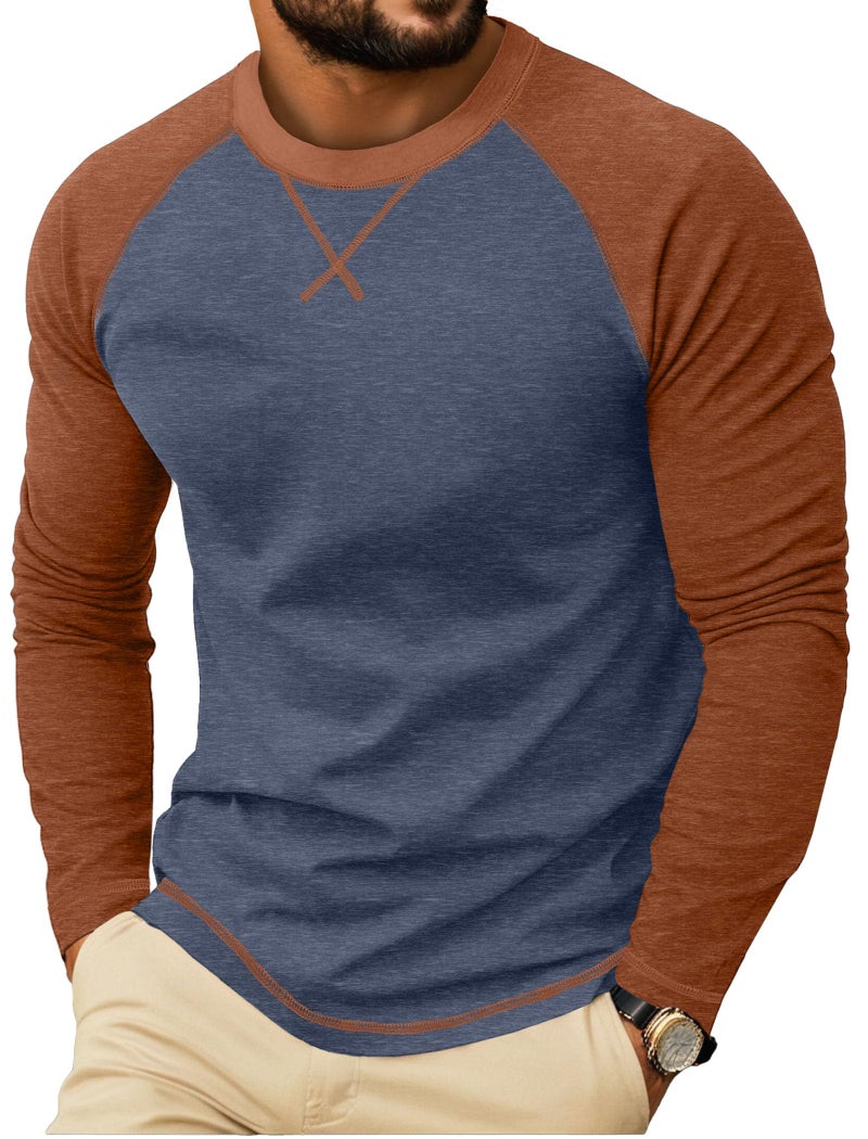 Askdeer Mens Cotton Shirts Long Sleeve Casual T-Shirts Soft Crew Neck Shirts Navy Blue - Image 1
