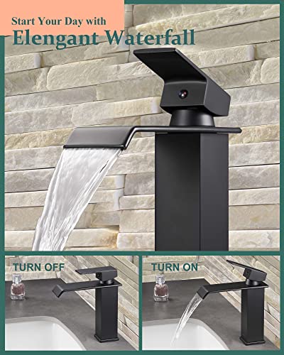 KUZOR Matte Black Waterfall Bathroom Faucet – Single Hole 304 Stainless Steel Sink Faucet with Metal Pop-Up Drain, Low-Profile Design for Modern Vanities​ - Image 5
