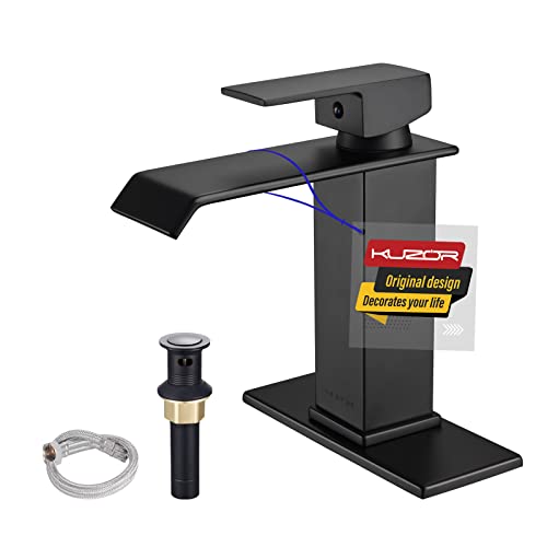 KUZOR Matte Black Waterfall Bathroom Faucet – Single Hole 304 Stainless Steel Sink Faucet with Metal Pop-Up Drain, Low-Profile Design for Modern Vanities​ - Image 1