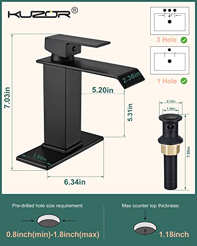 KUZOR Matte Black Waterfall Bathroom Faucet – Single Hole 304 Stainless Steel Sink Faucet with Metal Pop-Up Drain, Low-Profile Design for Modern Vanities​ - Image 4