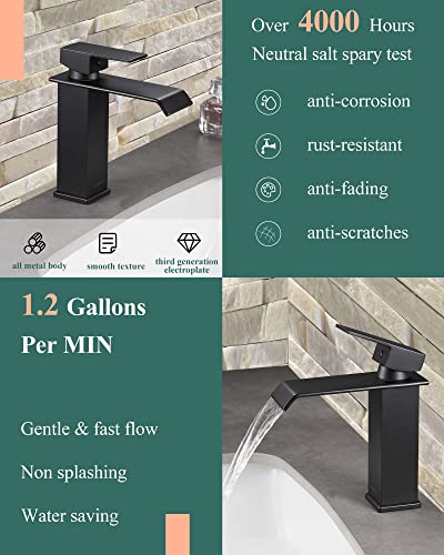 KUZOR Matte Black Waterfall Bathroom Faucet – Single Hole 304 Stainless Steel Sink Faucet with Metal Pop-Up Drain, Low-Profile Design for Modern Vanities​ - Image 2