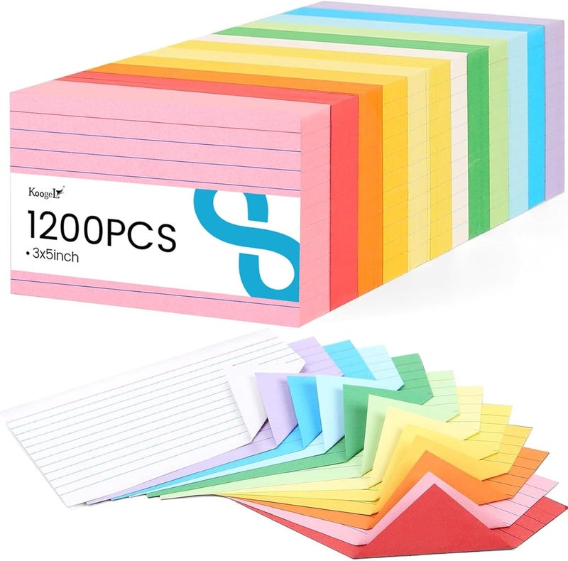 Koogel 1200PCS Index Cards 3x5, Colored Ruled Index Cards Bulk for Back To School, Heavy Notecards Memo Scratch Pad for Studying Teachers Classroom Note Taking Office College Supplies, 12 Colors - Image 1