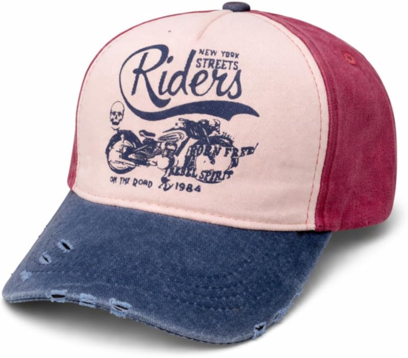 Classic Baseball Cap - Vintage Riders Cap - Tricolor Washed Denim Effect Design – Cotton Blended Material, Casual Adjustable Snapback Cap 80% Cotton Daily Wear | N-Welt