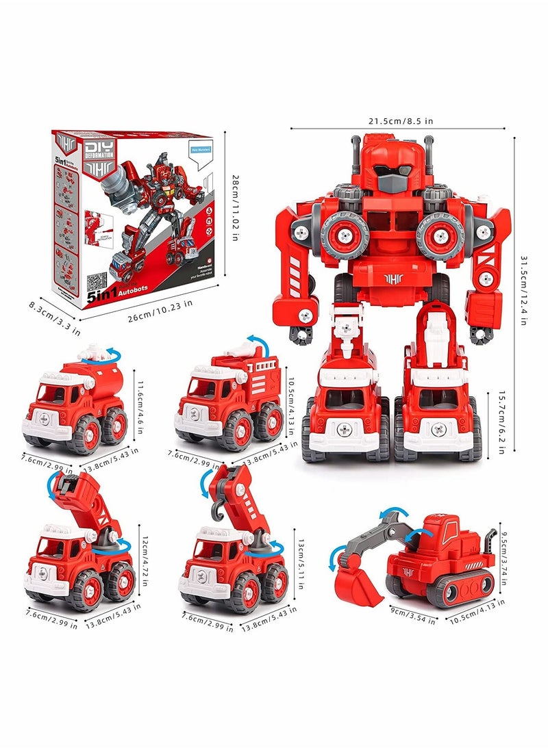 PYEBE - Fire Truck Toy Take Apart Robot Transformer Toys Set 5 in 1 Construction Toys Combine Robot - Image 1