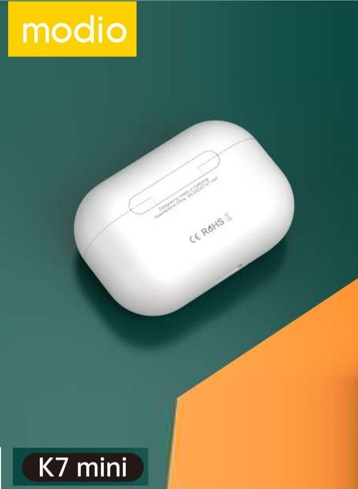 modio K7 Mini True Wireless Earphones ENC Noise Reduction, Super Bass Sound, HD Clear Microphone, Multifunctional Touch Control, Compatible with Android Mobiles & Tablets – White - Image 2