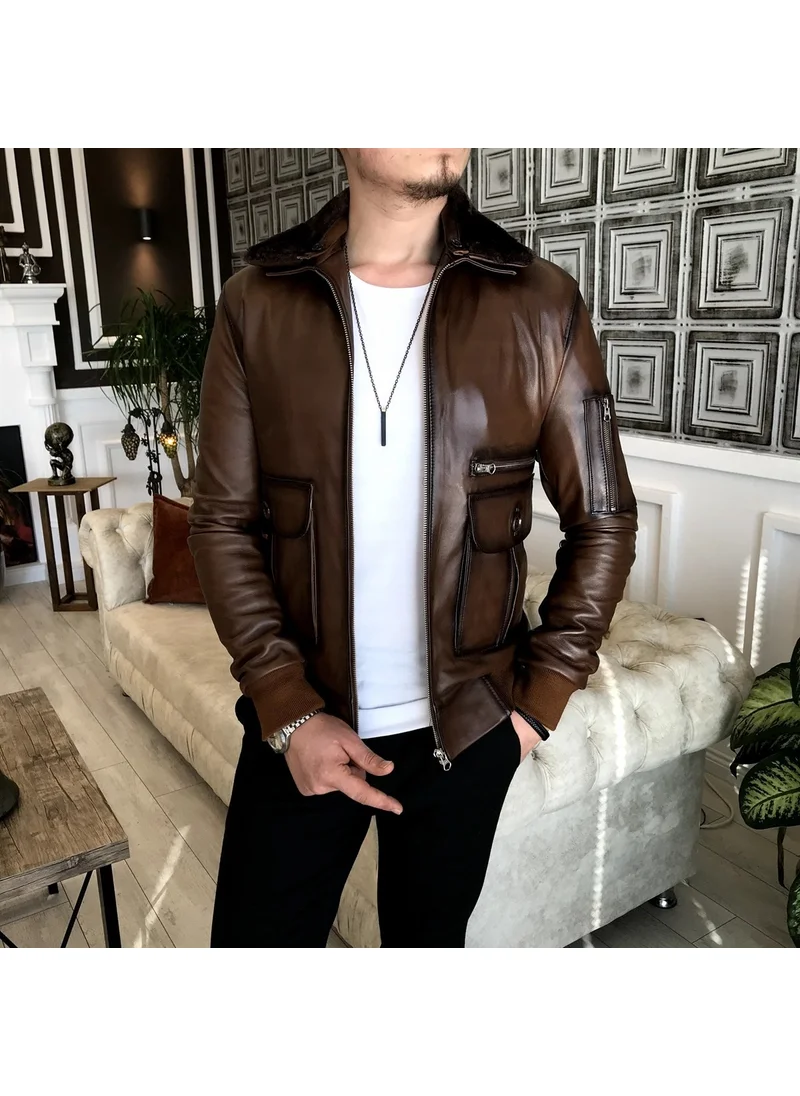 Terzi Adem Tailor Adem Lambskin Fur Collar Coat Leather Jacket Tan T5058