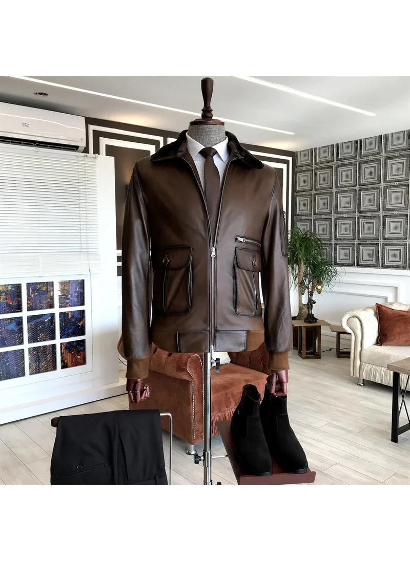 Terzi Adem Tailor Adem Lambskin Fur Collar Coat Leather Jacket Tan T5058