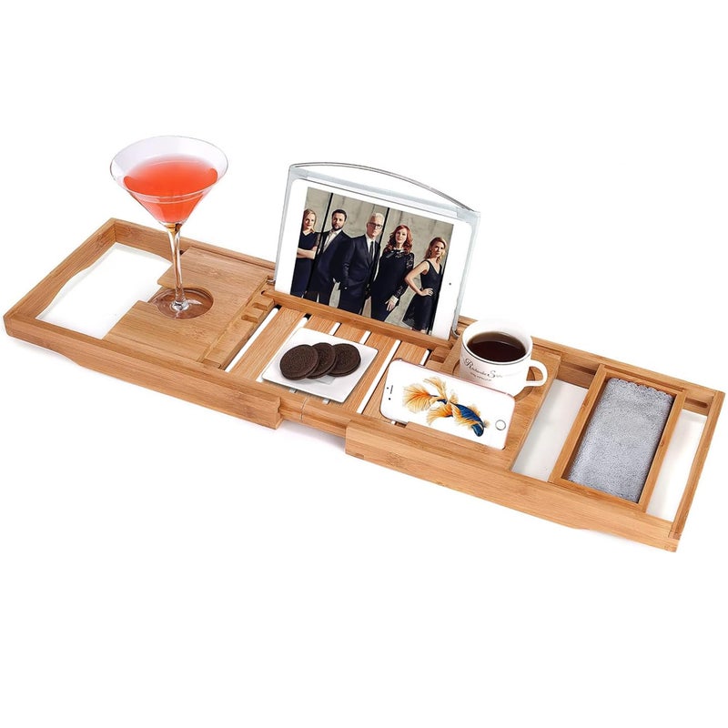 Utoplike Bamboo Bathtub Caddy Tray Bath Tray for Tub Adjustable Bathroom Bathtub Organizer with Book Tablet Wine Glass Cup Towel Holder