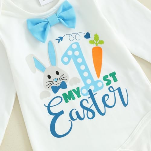 Frietlebird Newborn Baby Boy Easter Outfit Bunny Letter Long Sleeve Romper Suspender Pants Set My First Easter Coming Home Outfit (B-White,0-3 Months) - Image 4