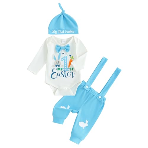 Frietlebird Newborn Baby Boy Easter Outfit Bunny Letter Long Sleeve Romper Suspender Pants Set My First Easter Coming Home Outfit (B-White,0-3 Months) - Image 1