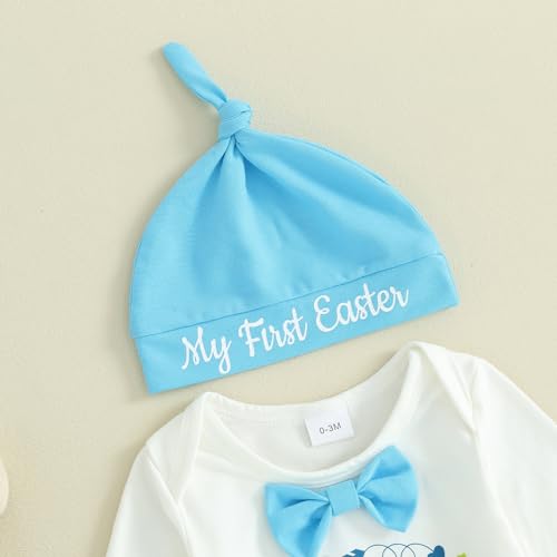 Frietlebird Newborn Baby Boy Easter Outfit Bunny Letter Long Sleeve Romper Suspender Pants Set My First Easter Coming Home Outfit (B-White,0-3 Months) - Image 3