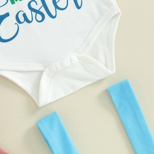 Frietlebird Newborn Baby Boy Easter Outfit Bunny Letter Long Sleeve Romper Suspender Pants Set My First Easter Coming Home Outfit (B-White,0-3 Months) - Image 5