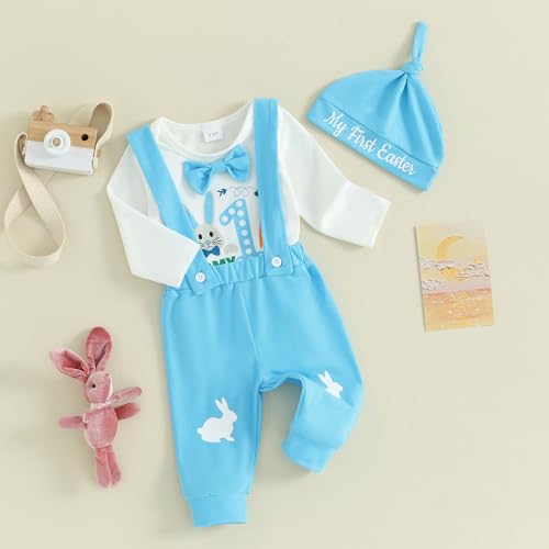 Frietlebird Newborn Baby Boy Easter Outfit Bunny Letter Long Sleeve Romper Suspender Pants Set My First Easter Coming Home Outfit (B-White,0-3 Months) - Image 2