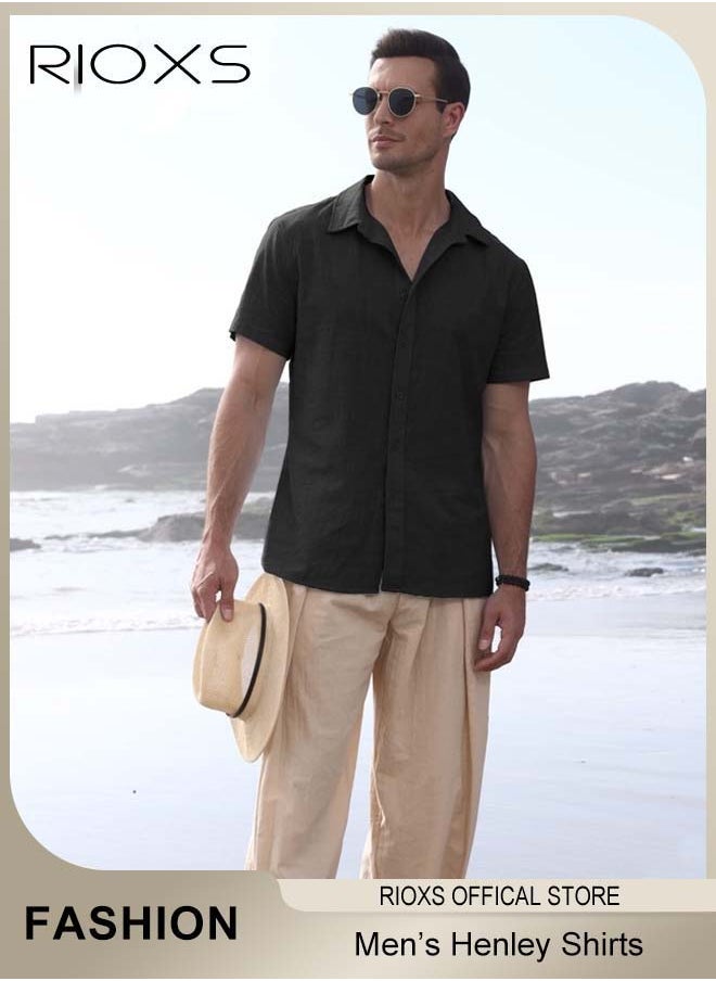 RIOXS Men's Shirts, Short Sleeve V-Neck Henley Shirts, Mens Loose Linen Button-Up Tops, Summer Casual Beach Shirts For Men, Textured Shirts With Pocket, For Daily, Party, Date, Wedding, Office, Home And Travel Wear  - Image 2