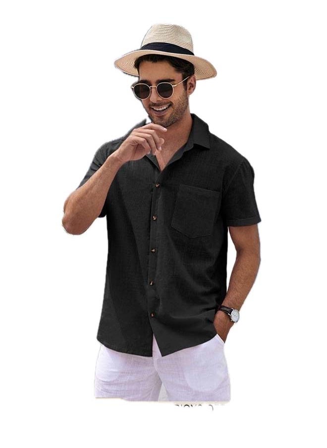 RIOXS Men's Shirts, Short Sleeve V-Neck Henley Shirts, Mens Loose Linen Button-Up Tops, Summer Casual Beach Shirts For Men, Textured Shirts With Pocket, For Daily, Party, Date, Wedding, Office, Home And Travel Wear  - Image 1