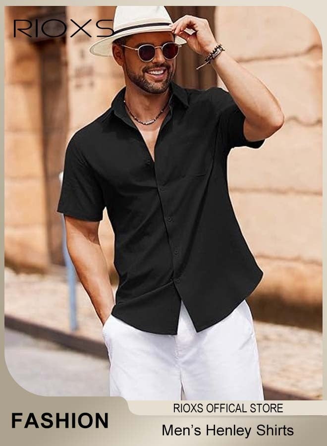 Men's Short Sleeve Button-Down Shirts, Summer Loose Fit V-Neck Shirts for Men, Breathable Quick-dry Button-Down Tops with Pocket, Summer Casual Beach Shirts Textured Shirts, Suitable for Daily, Party, Date, Wedding, Office, Home and Travel Wear, Blac